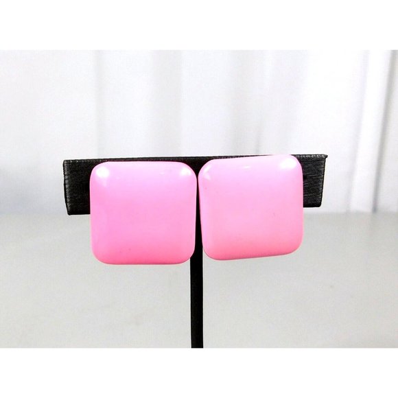 Pink Oversized Square Button Style Pierced Earrings Pushback Closure - Picture 1 of 7